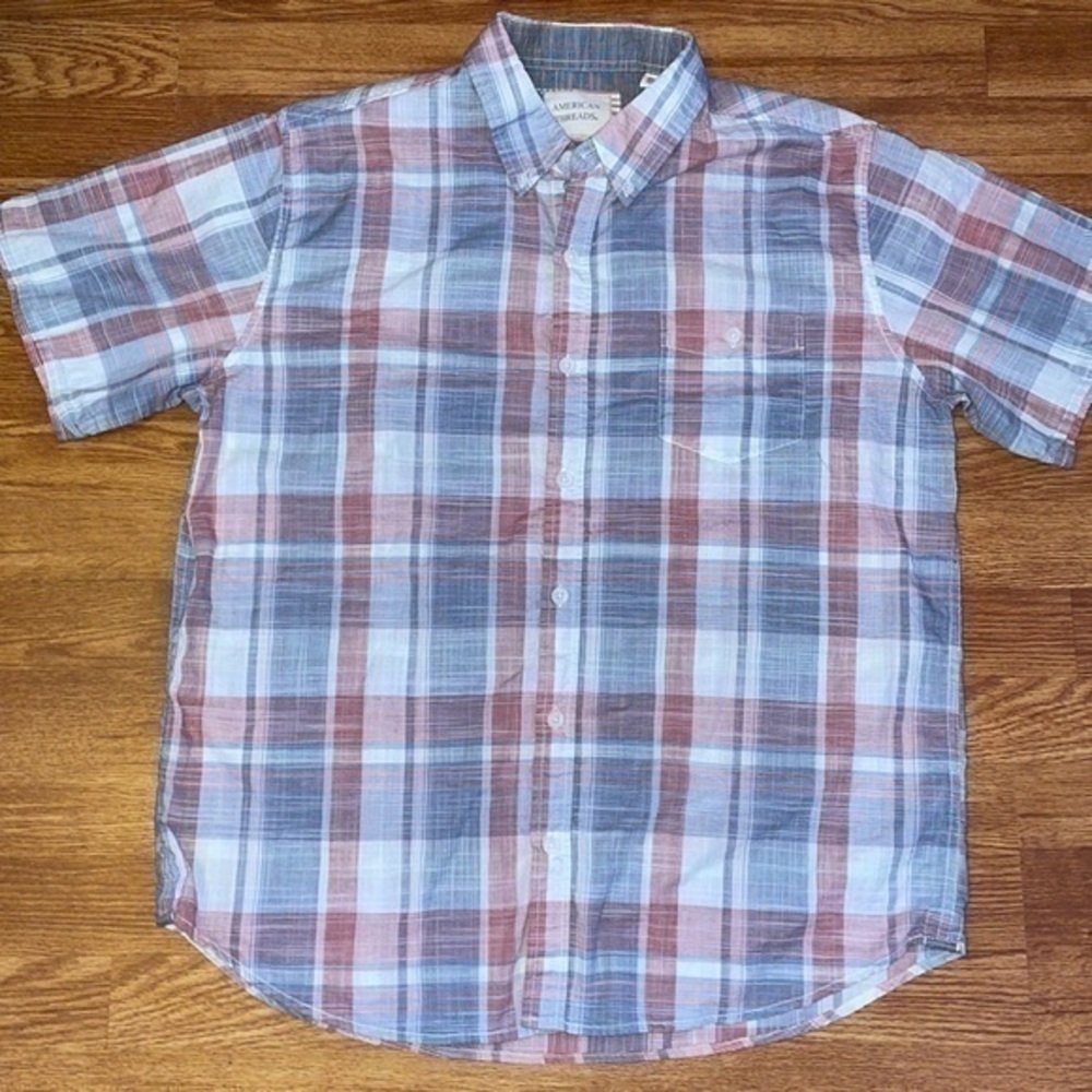 American Threads Light Red, White & Blue Plaid Short Sleeve XL